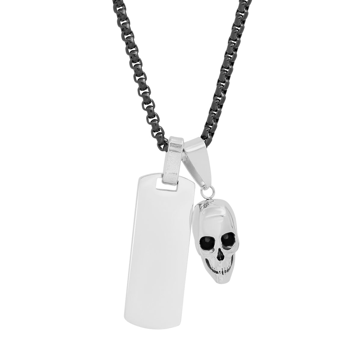 Skull + Slim Dog Tag Double Pendant Necklace