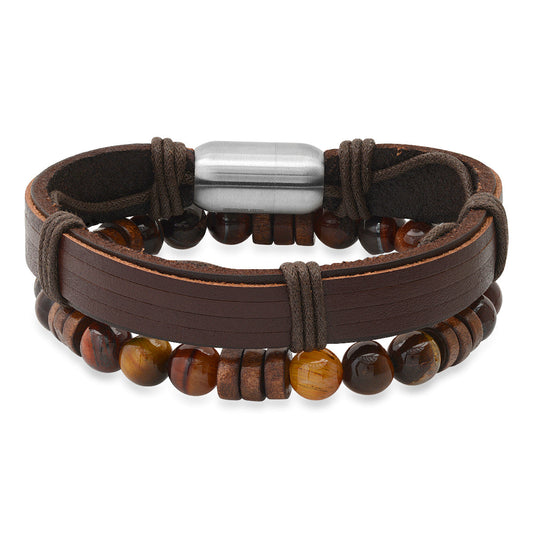 Tiger Eye & Brown Leather Bracelet Stack