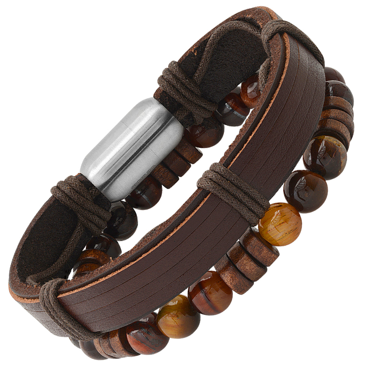 Tiger Eye & Brown Leather Bracelet Stack