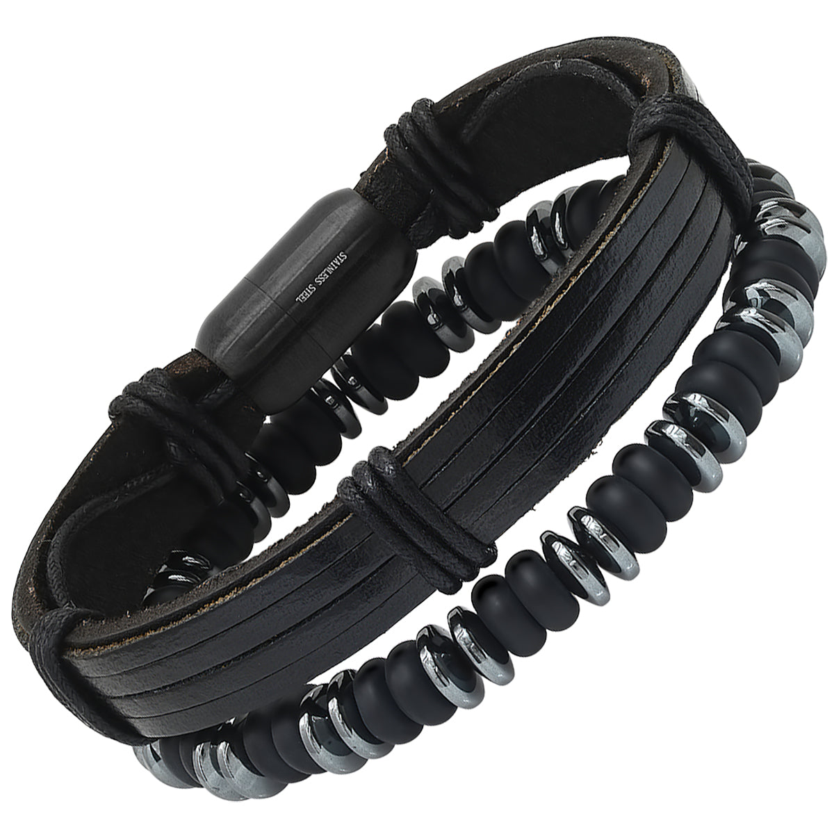 SteelTime Leather, Hematite, + Lava Beaded Bracelet Stack