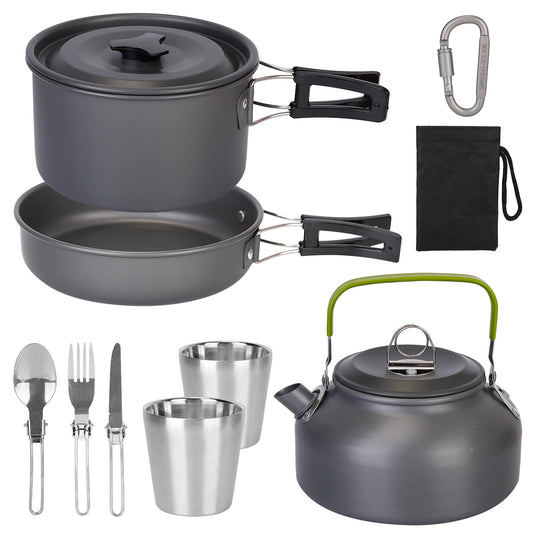 title:12Pcs Camping Cookware Set Camping Stove Aluminum Pot Pans Kit for Hiking Picnic Outdoor with Cup Fork Spoon Knife;color:Black