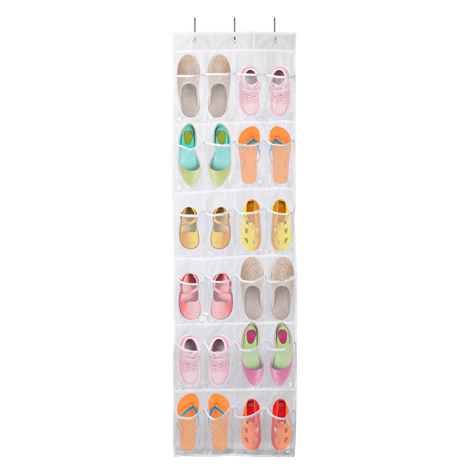 title:Over the Door Shoes Rack 24-Pocket Crystal Clear Organizer 6-Layer Hanging Storage Shelf for Shoes Slippers Small Toys Closet Cabinet;color:White