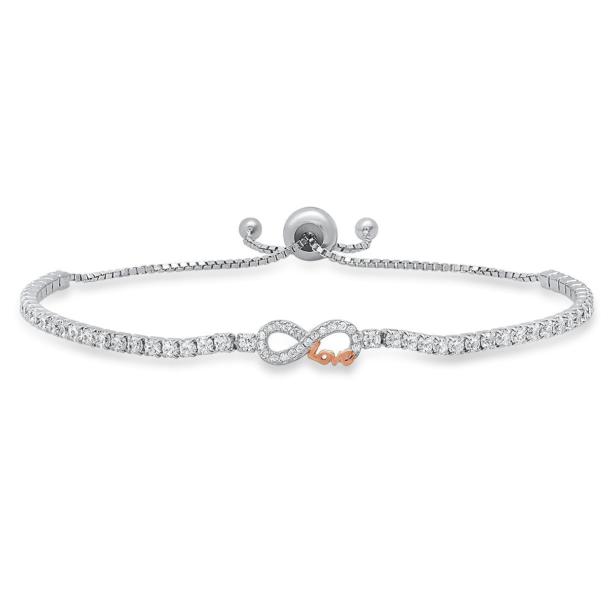 title:Sterling Silver Petite Two-Tone "Love" Infinity CZ Adjustable Bracelet;color:not applicable