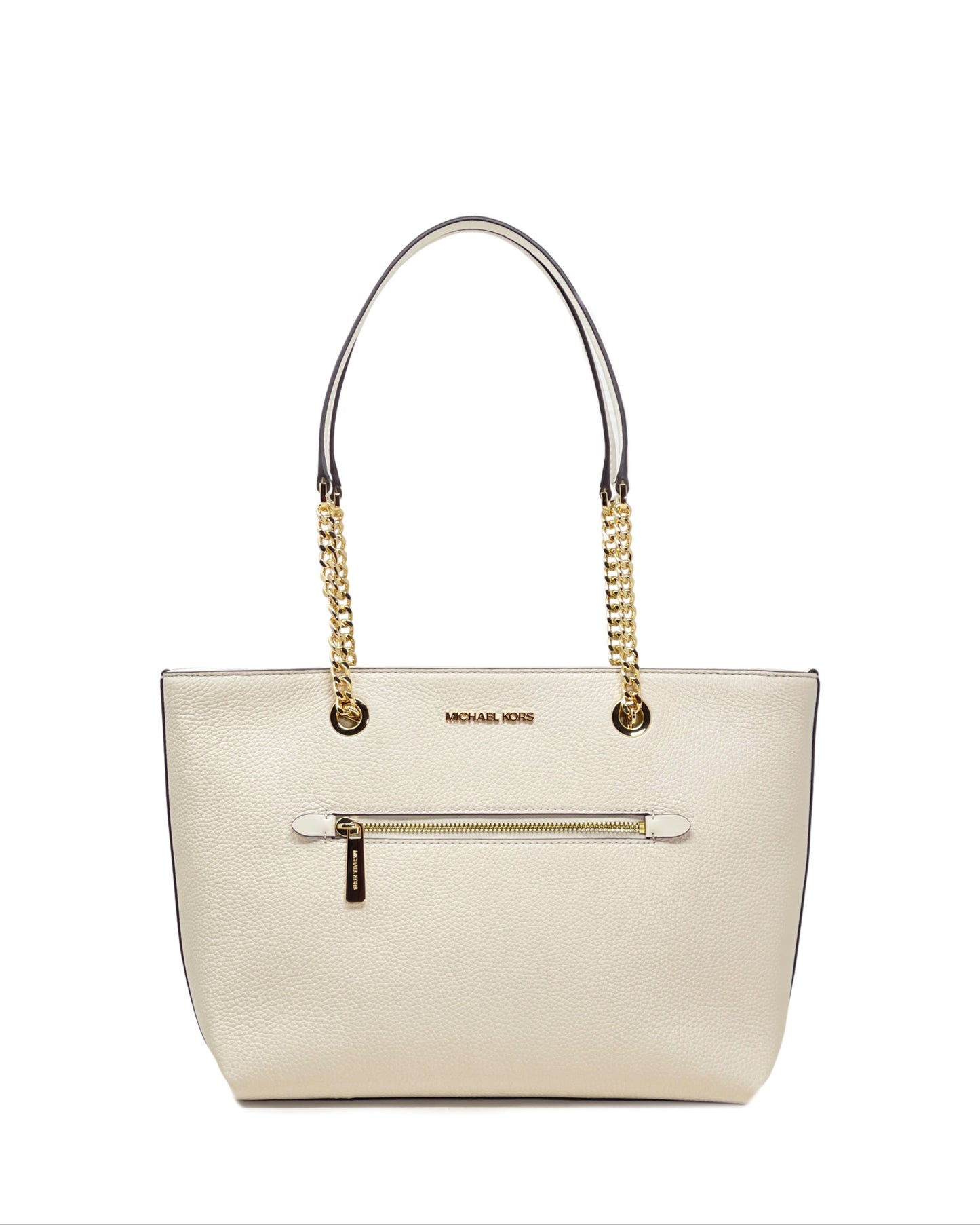 title:Michael Kors Jet Set Medium Pebbled Leather Chain Tote Bag;color:Light Cream