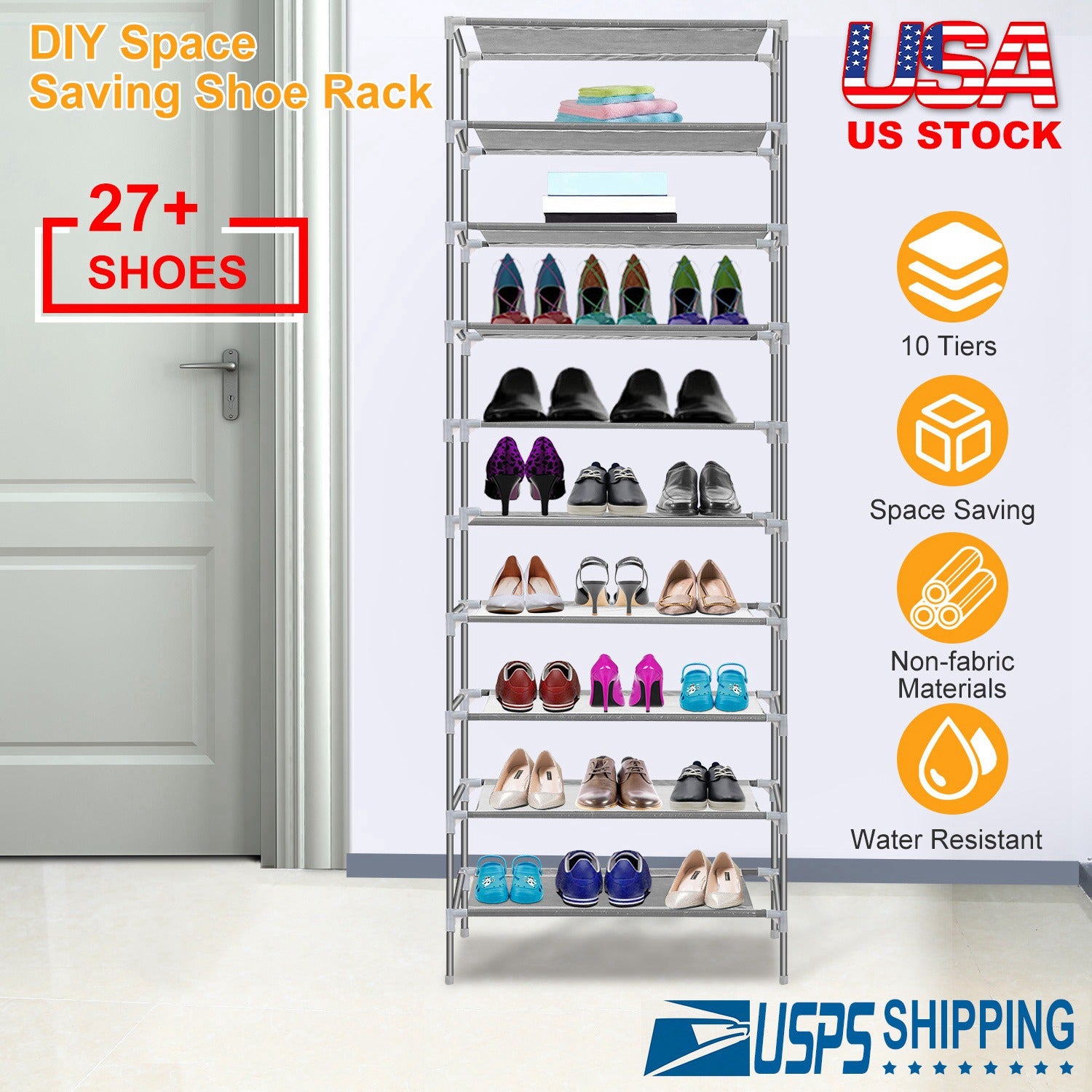 title:10 Tiers Shoes Rack Shelves 27 Pairs Shoes Storage Organizer Stand Non-Woven Fabric Detachable Shoes Tower Stackable Shoes Storage Rack for Entryway;color:Gray