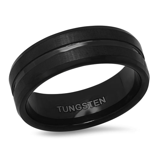 SteelTime Black Ion Plated Tungsten Striped Ring Band