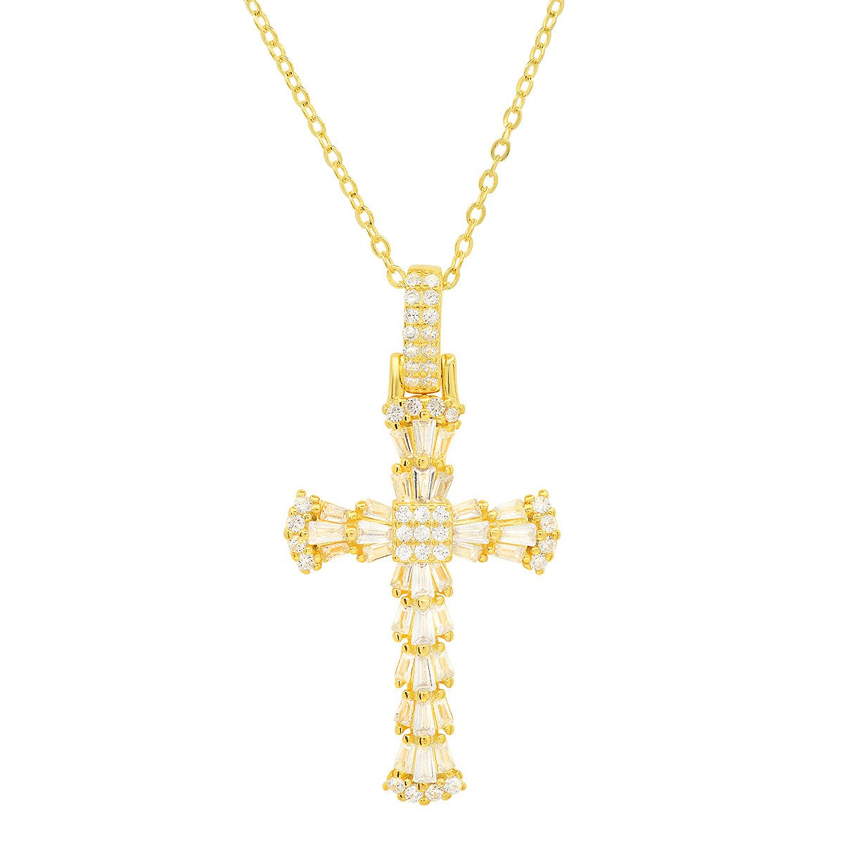 title:Sterling Silver Baguette-cut CZ Cross Pendant;color:Gold