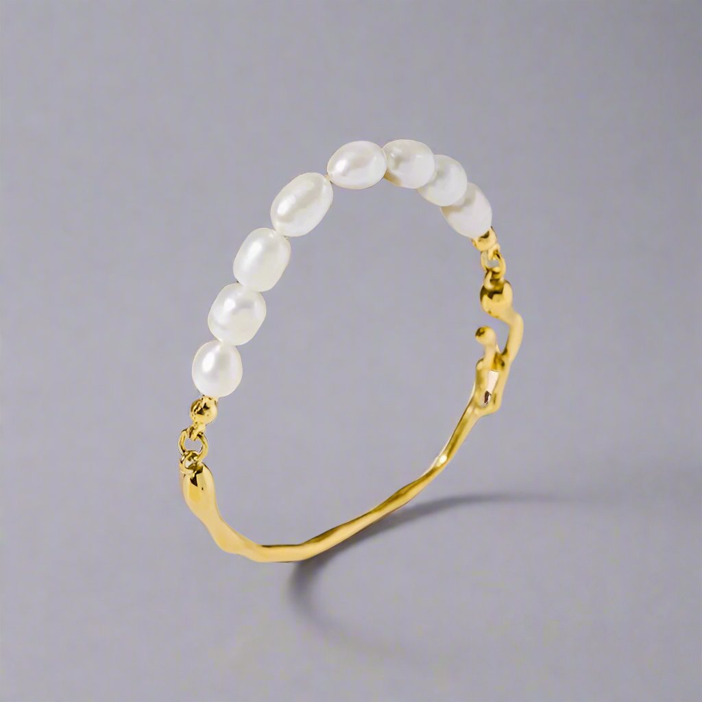 title:18K Gold Plated Organic Gold Bangle with Freshwater Pearl Accents;color:Gold