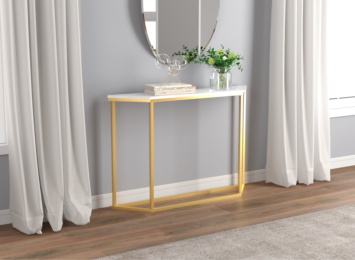 Safdie & Co. Console Table 44" Marble Gold Metal, Entryway or Sofa Table for Living Room