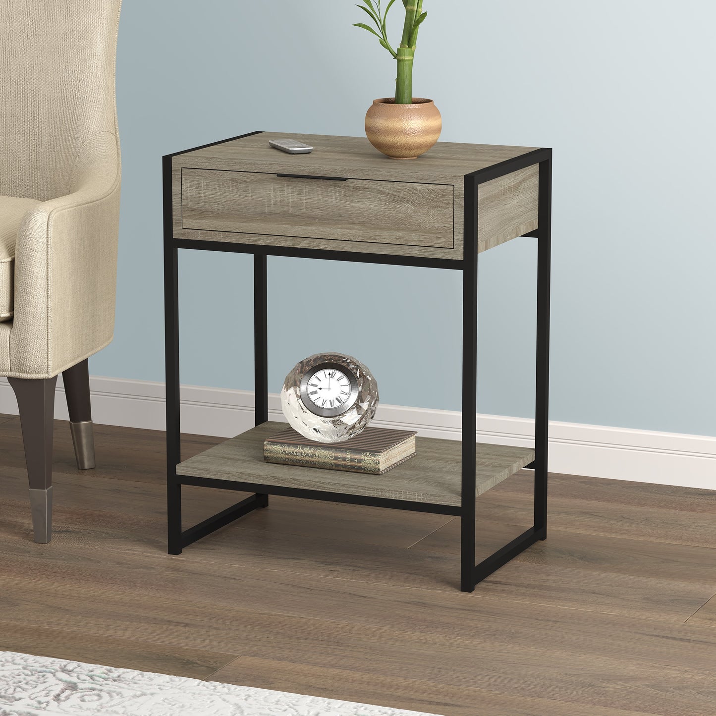 Safdie & Co. End Side Table 20" Dark Taupe 1 Drawer 1 Shelf Black Metal