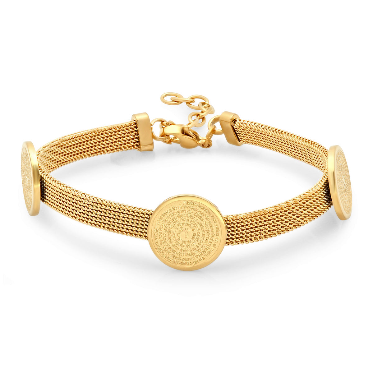 Solitaire Charm Padre Nuestro Prayer Mesh Bracelet