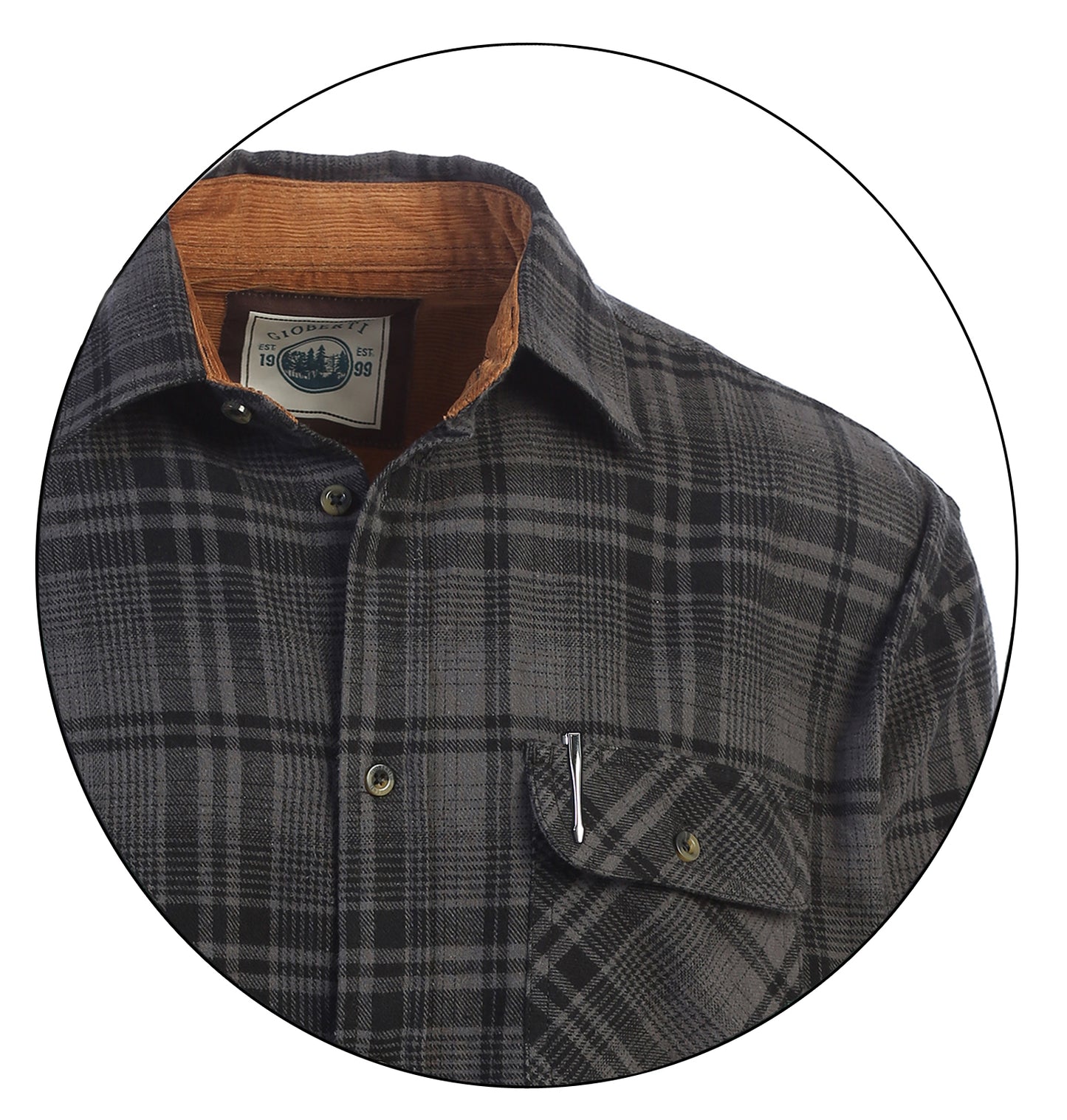 title:Gioberti Men's Gray / Black 100% Cotton Brushed Flannel Plaid Checkered Shirt with Corduroy Contrast;color:Gray / Black