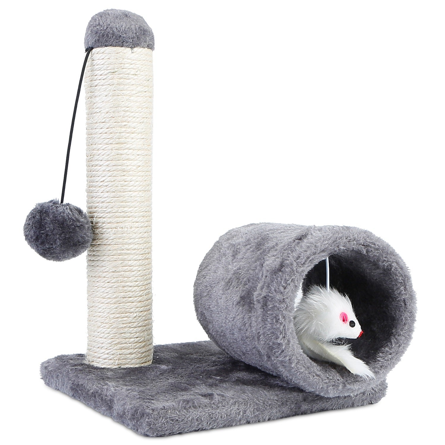 title:Cat Scratching Post Cat Kitten Sisal Scratch Post Toy w/ Tunnel & Lifelike Mouse Toy Pet Activity Play Fun;color:Gray