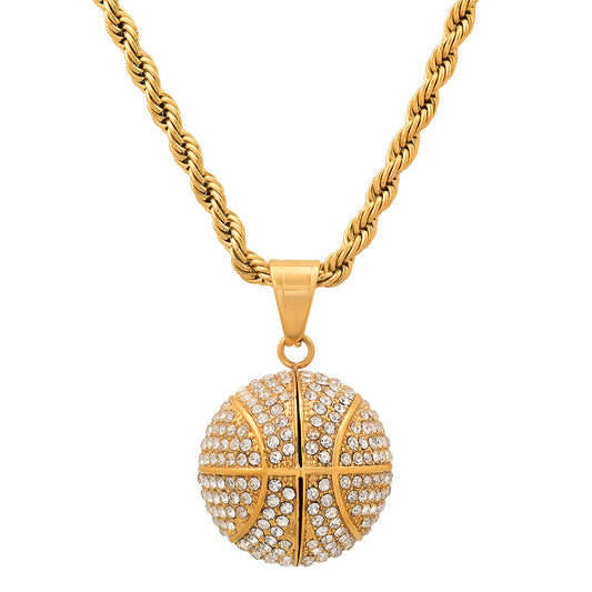 3D Basketball Necklace With Simulated Diamonds