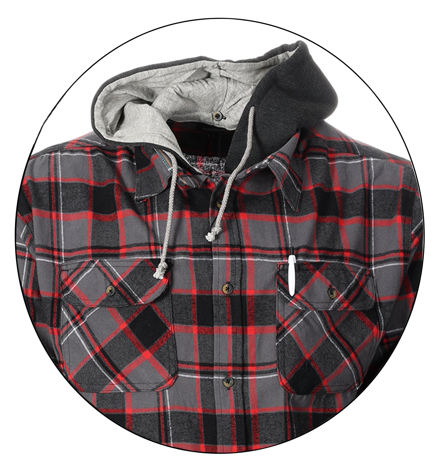 title:Gioberti Men's Charcoal / Red Removable Hoodie Plaid Checkered Flannel Button Down Shirt;color:Charcoal / Red