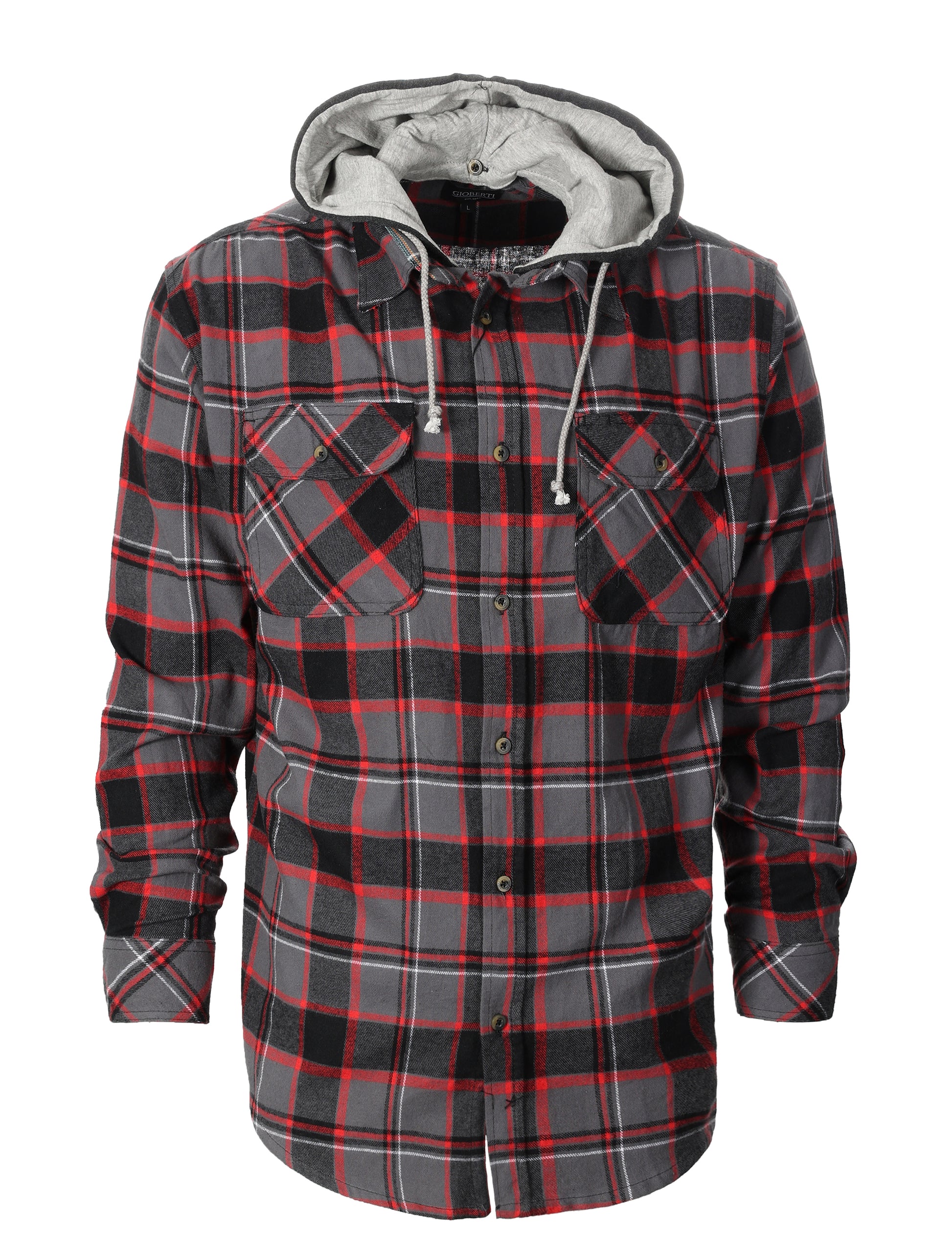 title:Gioberti Men's Charcoal / Red Removable Hoodie Plaid Checkered Flannel Button Down Shirt;color:Charcoal / Red