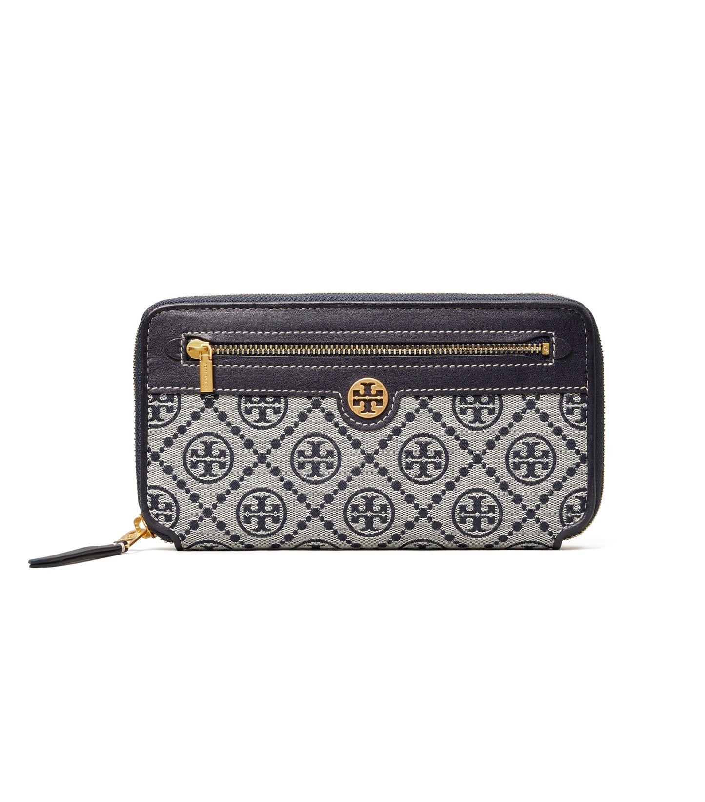 title:Tory Burch Tory Navy T Monogram Jacquard Zip Continental Wallet;color:Tory Navy