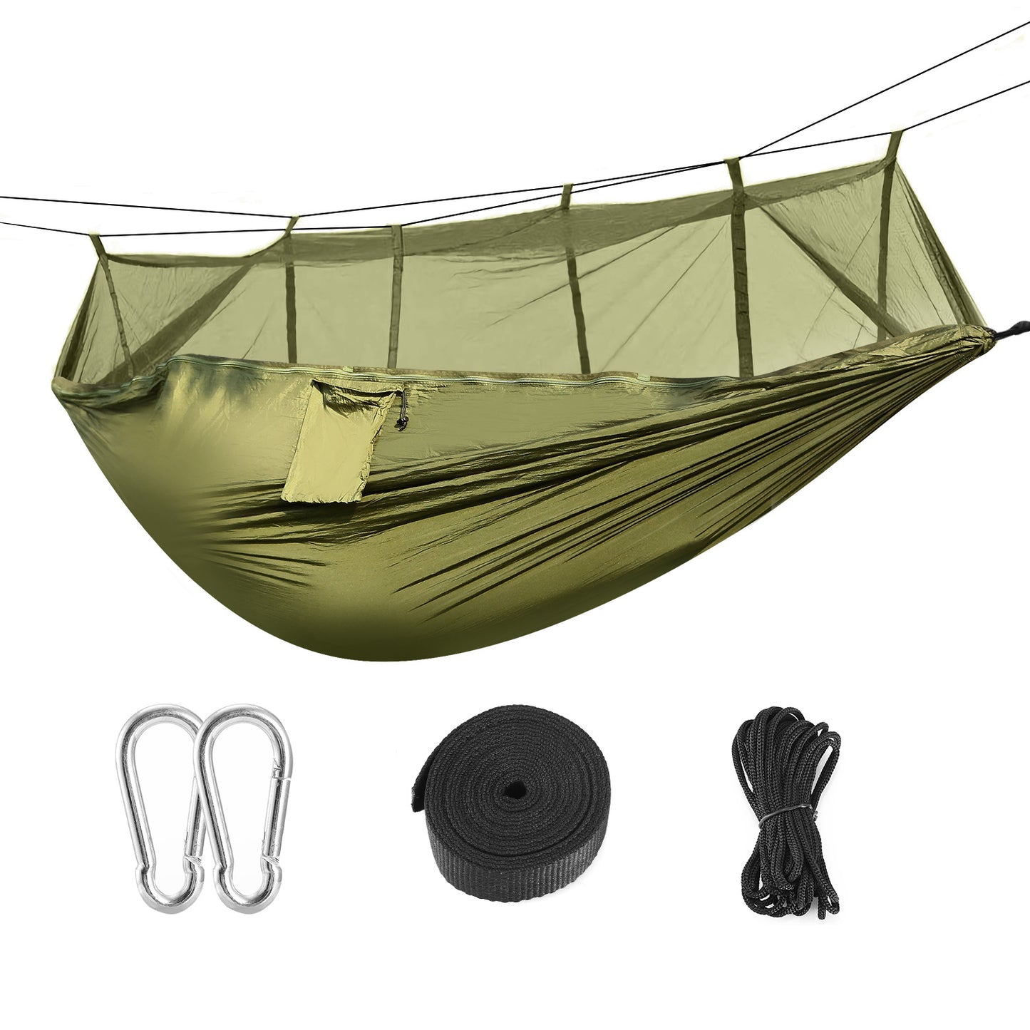 title:600lbs Load 2 Persons Hammock w/Mosquito Net Outdoor Hiking Camping Hommock Portable Nylon Swing Hanging Bed w/ Strap Hook Carry Bag;color:Green