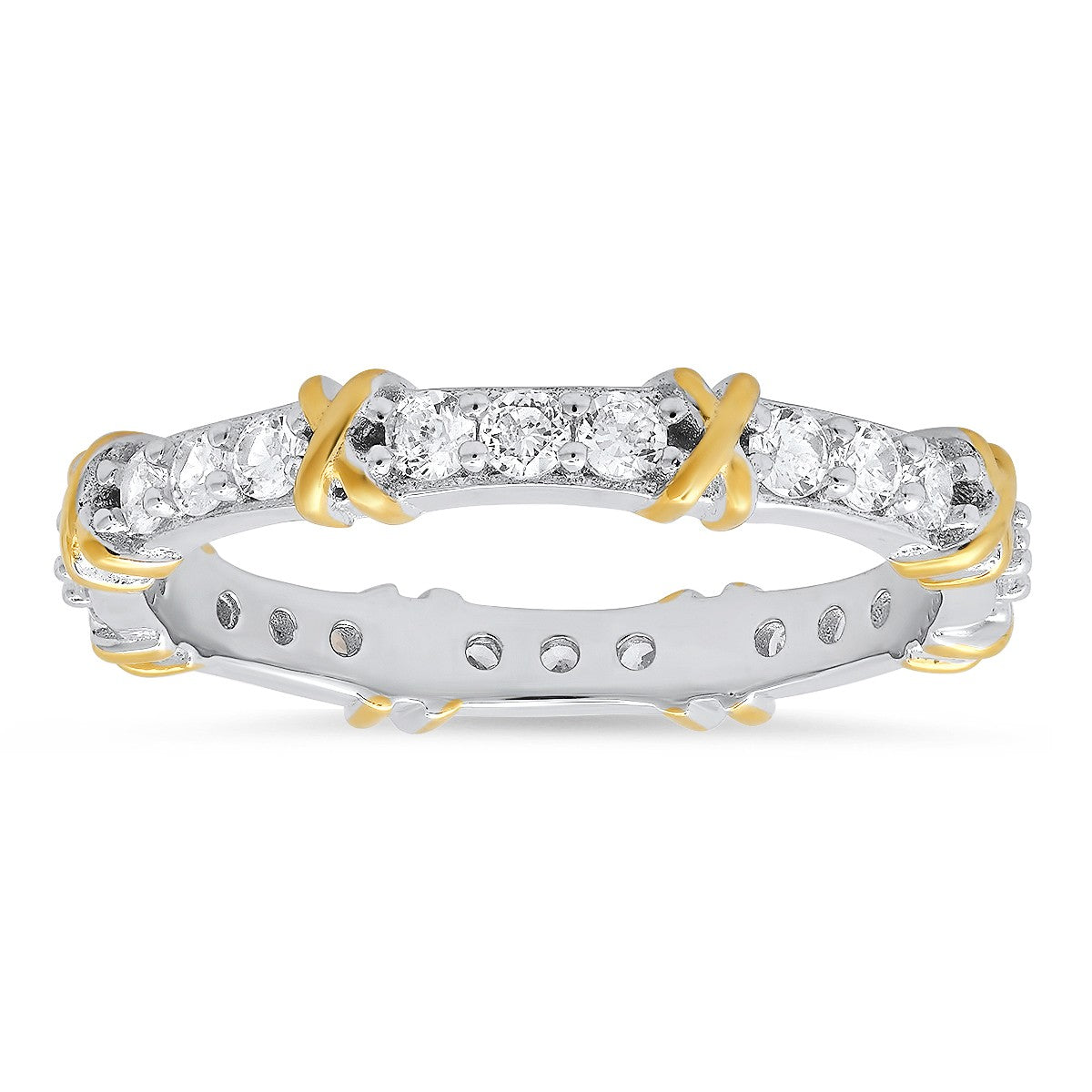 Sterling Silver Round-cut CZ "X" Stackable Eternity Band Ring - Ruumur