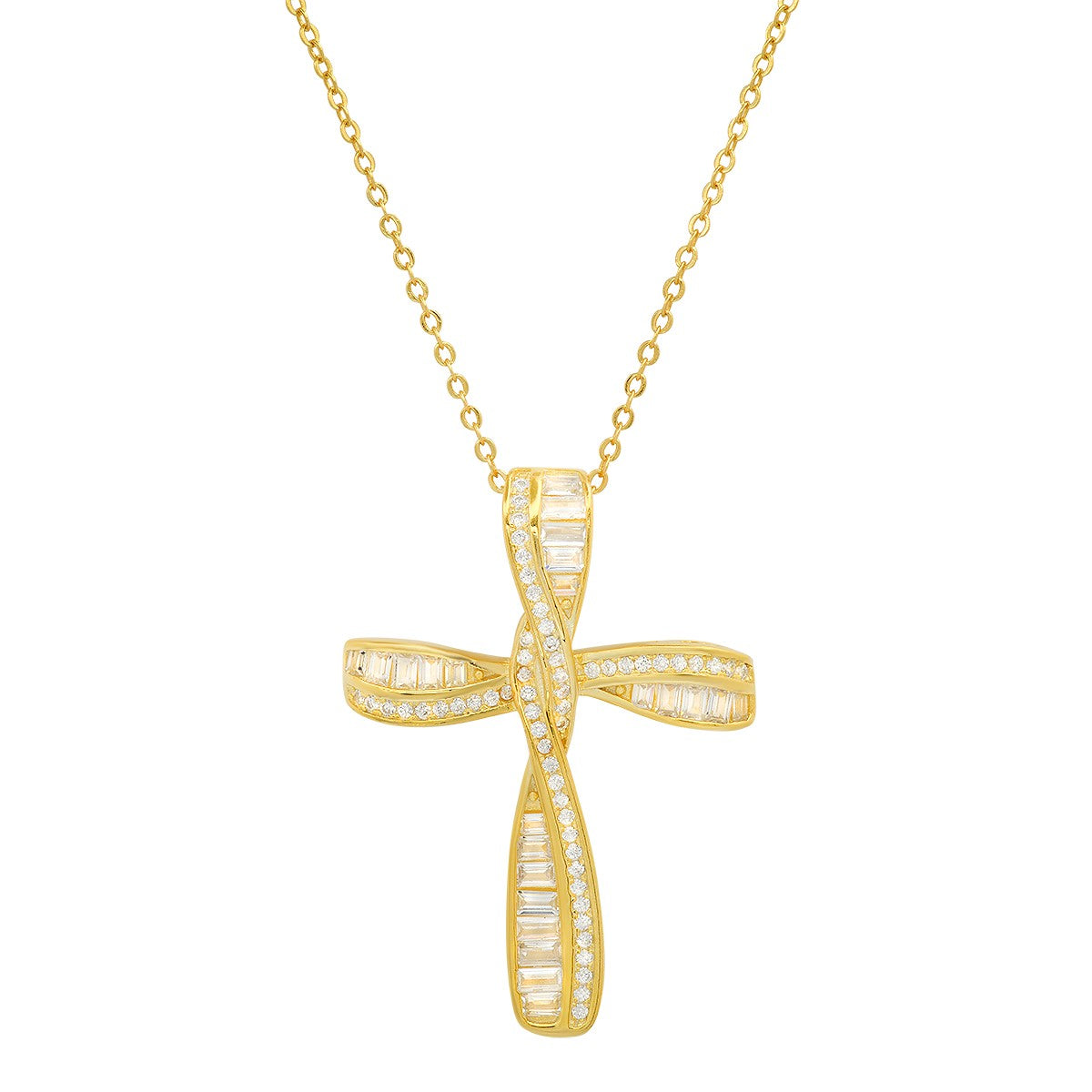 title:Sterling Silver Baguette CZ Cross Pendant;color:Gold