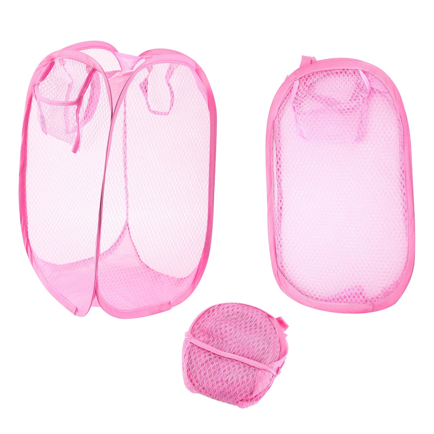 title:3Pcs Pop-Up Laundry Hampers Foldable Mesh Hamper Clothes Laundry Basket Bins w/ Handles for Storage Kids Room College Dorm Travel Use;color:Hot Pink