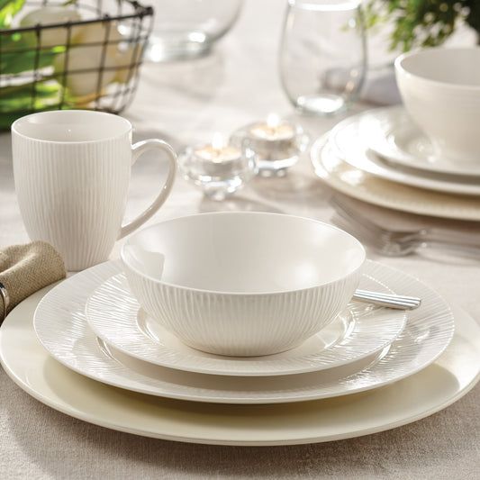 title:Safdie & Co. Dinnerset 16PC Embossed Round Rim Pearl;color:White