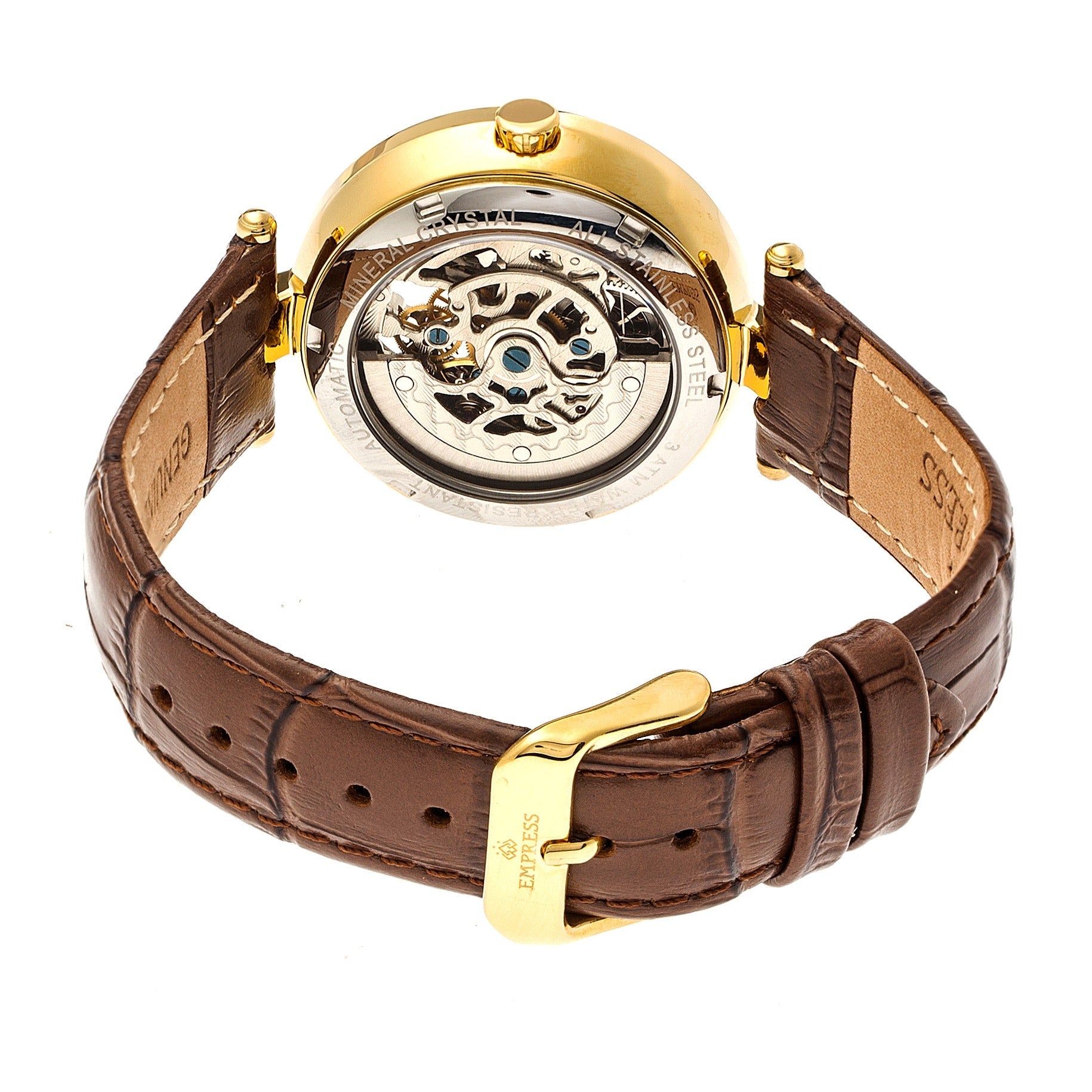 Empress Stella Automatic Semi-Skeleton MOP Leather-Band Watch - Brown/White - EMPEM2104