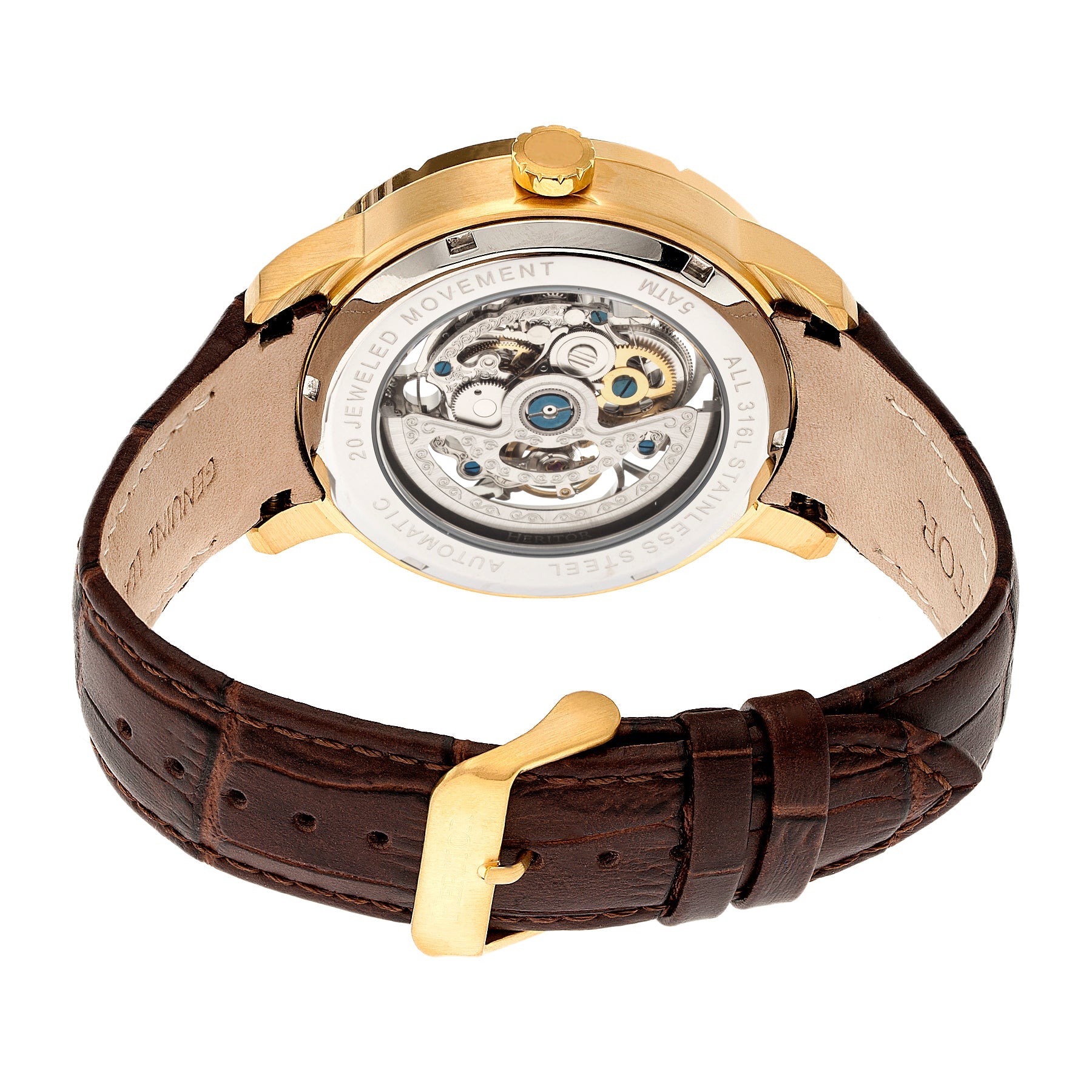 Heritor Automatic Ryder Skeleton Leather-Band Watch - Brown/Gold - HERHR4605