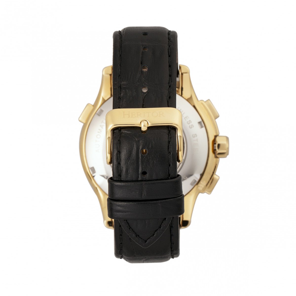 Heritor Automatic Hudson Semi-Skeleton Leather-Band Watch w/Day/Date - Black/Gold - HERHR7503