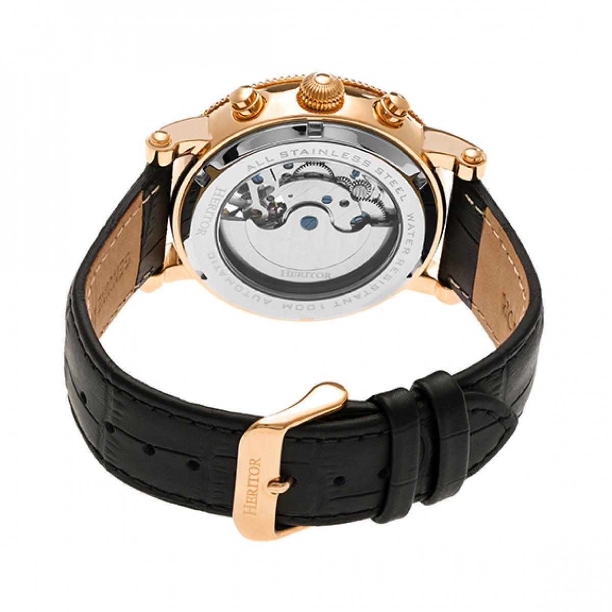 Heritor Automatic Winston Semi-Skeleton Leather-Band Watch - Rose Gold/Black - HERHR5206