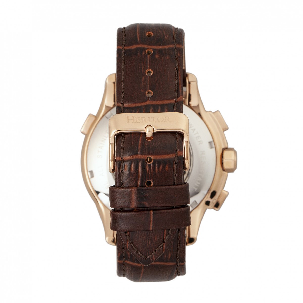 Heritor Automatic Hudson Semi-Skeleton Leather-Band Watch w/Day/Date - Brown/Rose Gold - HERHR7504