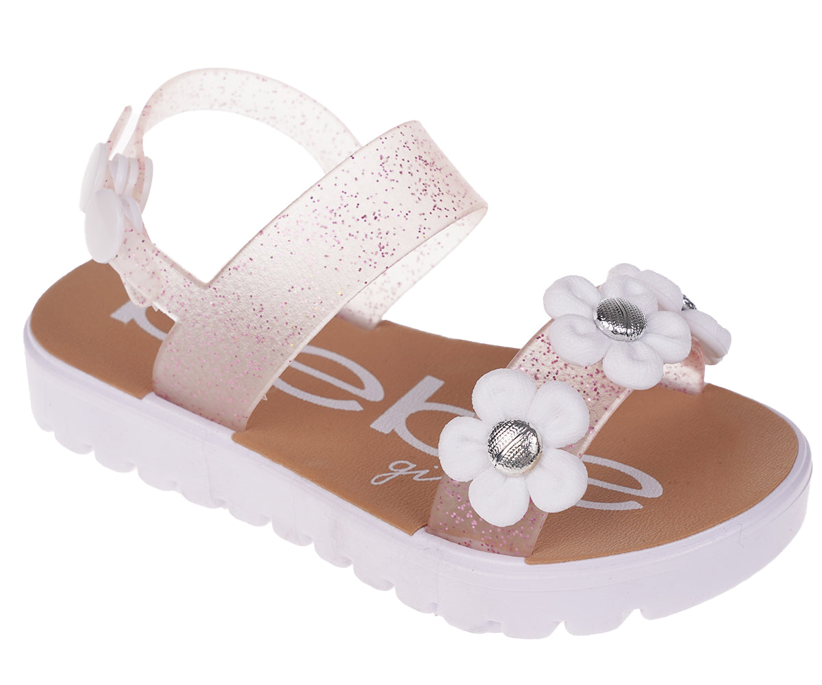 bebe Girl's Colorful Flat Sandal with Flower, Glitters and Other Cute Design Details- Flat Sandals for Toddler