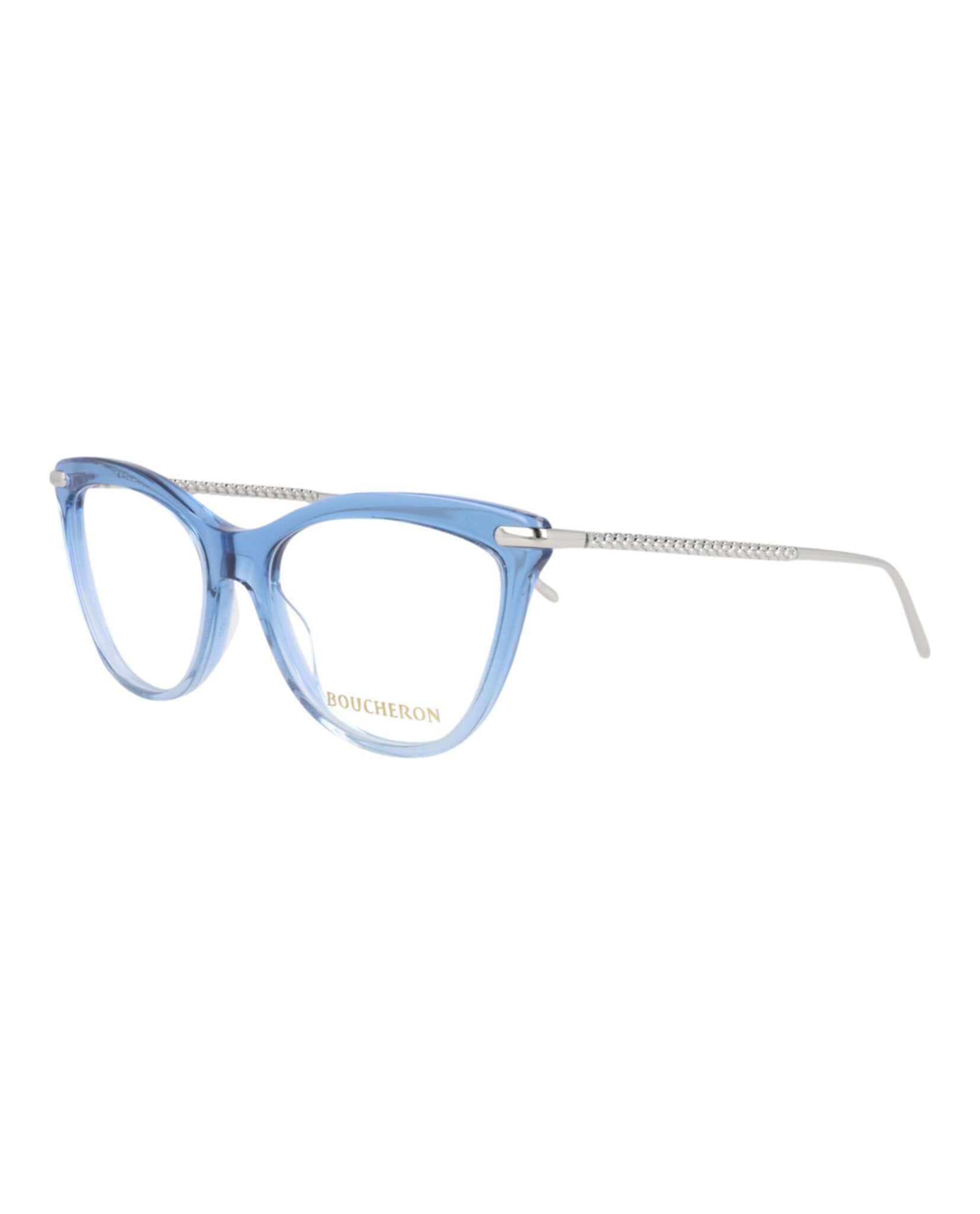 title:Boucheron Cat Eye-Frame Acetate Optical Frames;color:Light Blue Silver Transparent