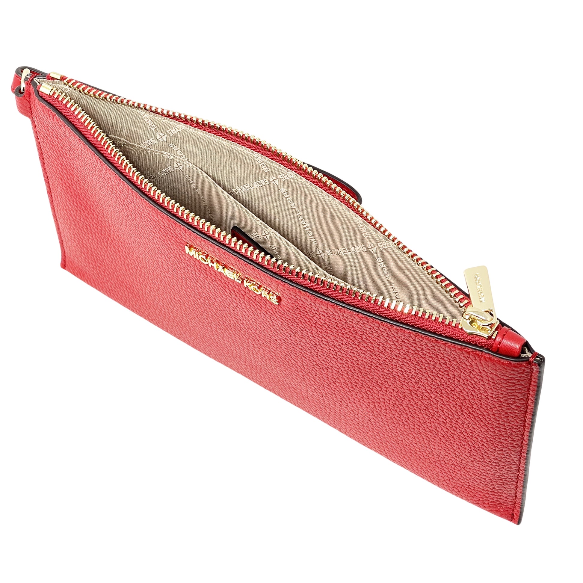 title:Michael Kors Women's Jet Set Travel Large Top Zip Pebbled Leather Wristlet Pouch;color:Bright Red