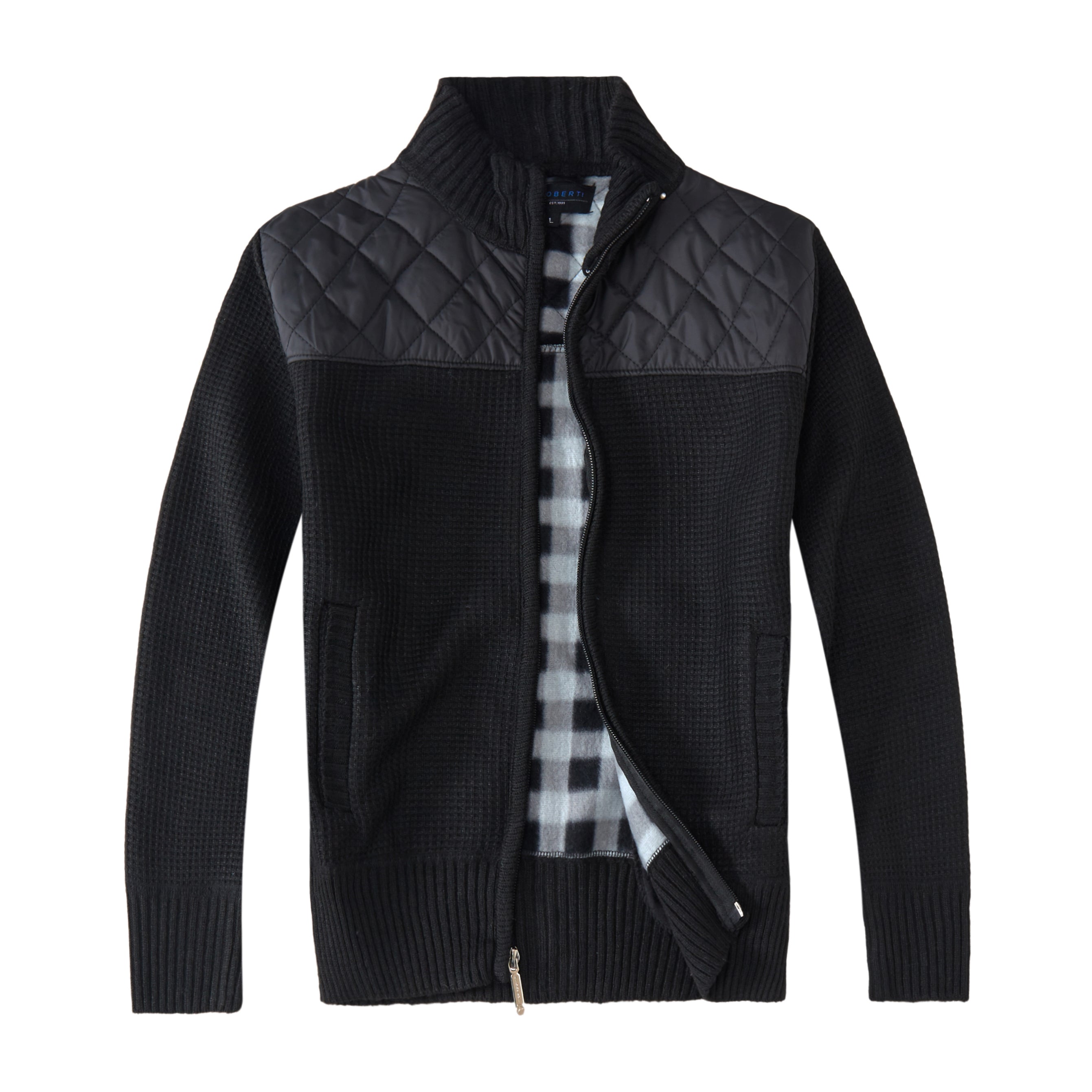 title:Gioberti Men's Black Knitted Regular Fit Full Zip Cardigan Sweater with Soft Brushed Flannel Lining;color:Black