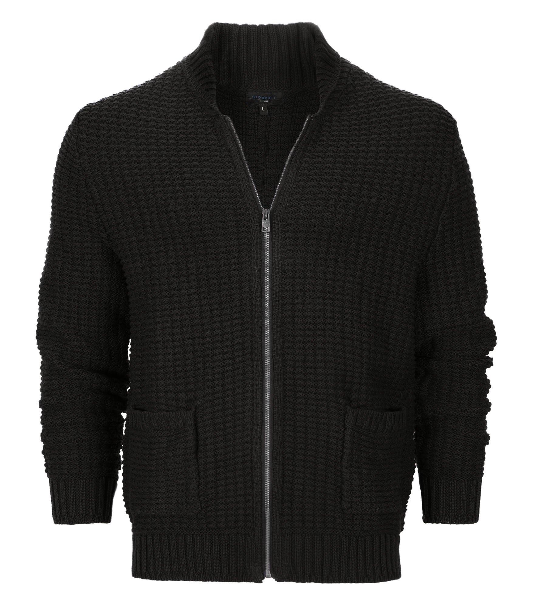 title:Gioberti Men's Black 100% Cotton Milano Knit Full-Zip Sweater;color:Black