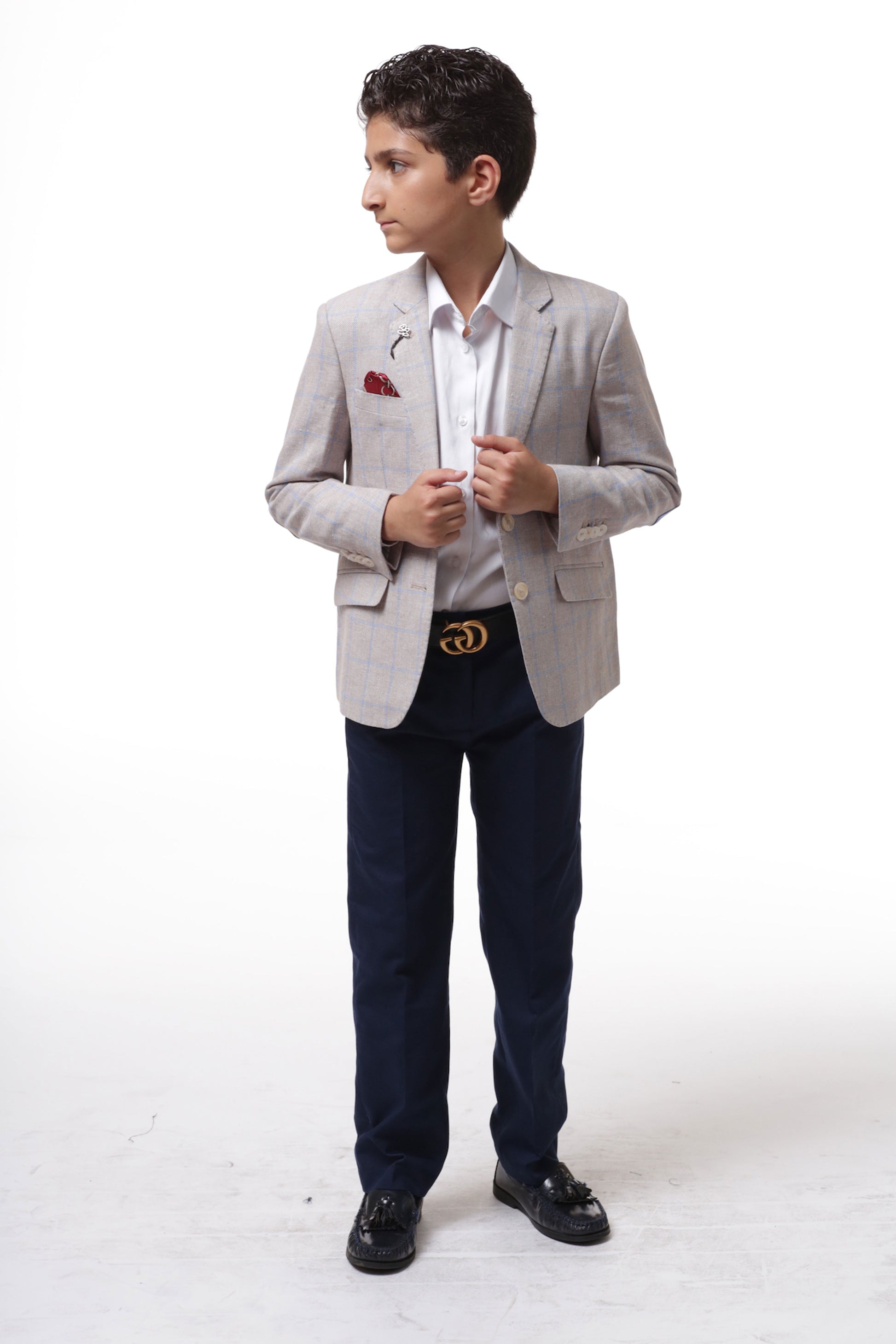 title:ELIE BALLEH Boys Tan Plaid Blazer JACKET;color:BEIGE