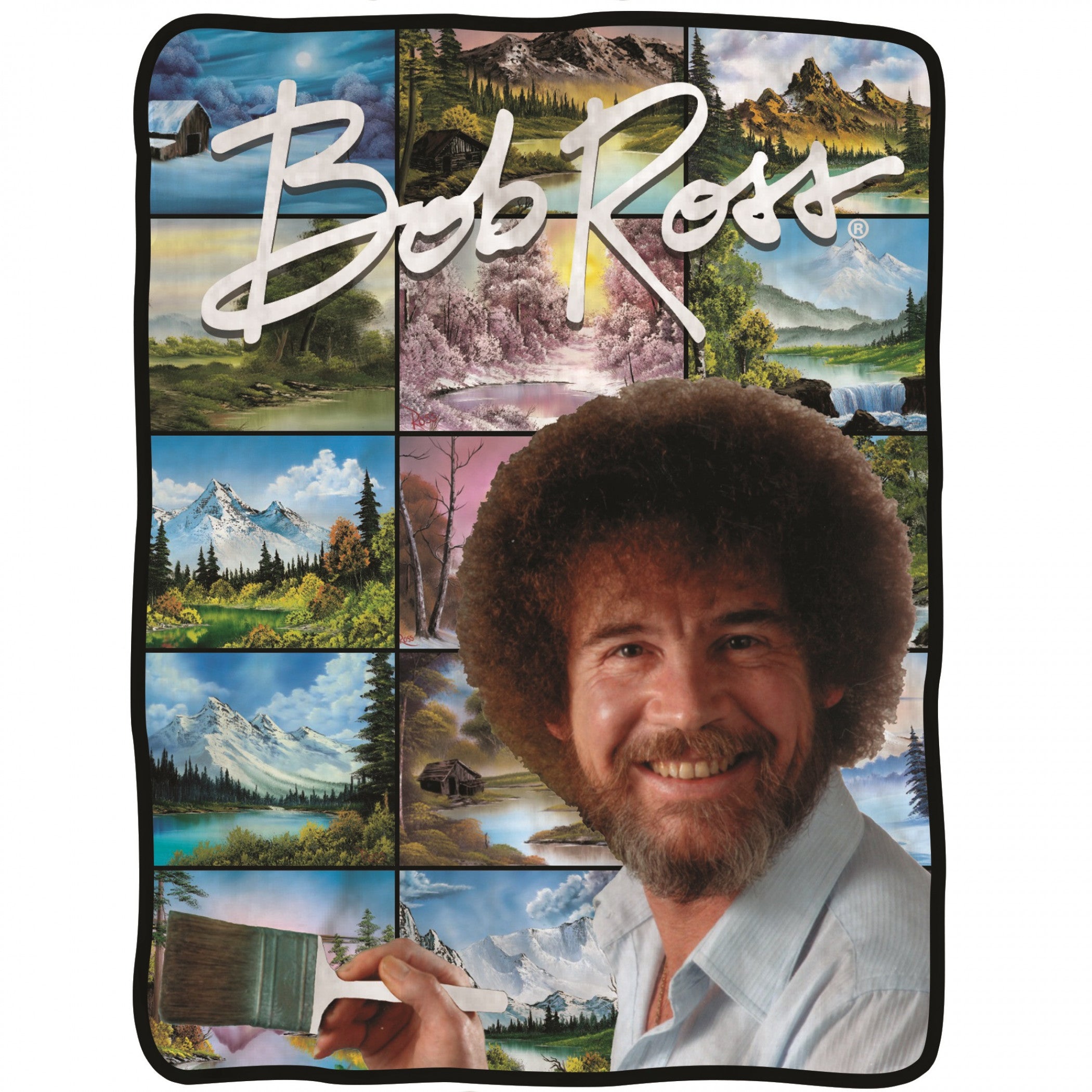 title:Bob Ross and Paintings Throw Blanket;color:Multi-Color