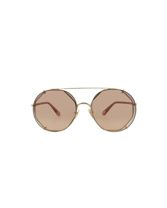 title:Chloe Round-Frame Metal Sunglasses, Style #  CH0041S-30009770003;color:Gold Brown