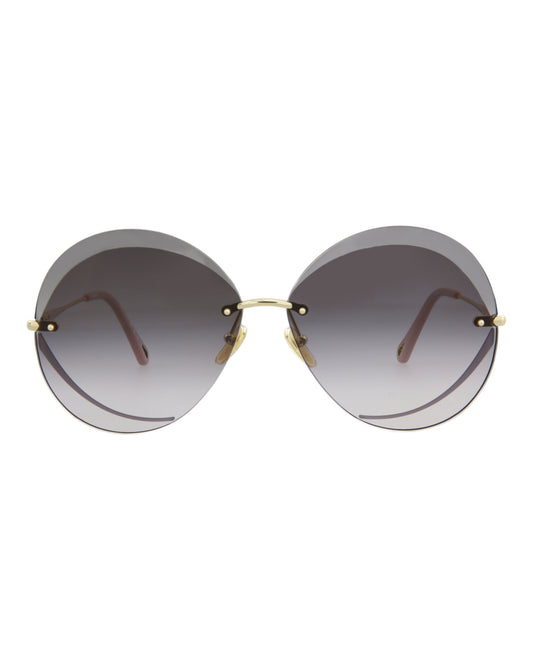 title:Chloe Round-Frame Metal Sunglasses, style # CH0063S-30011429001;color:Gold Gold Grey