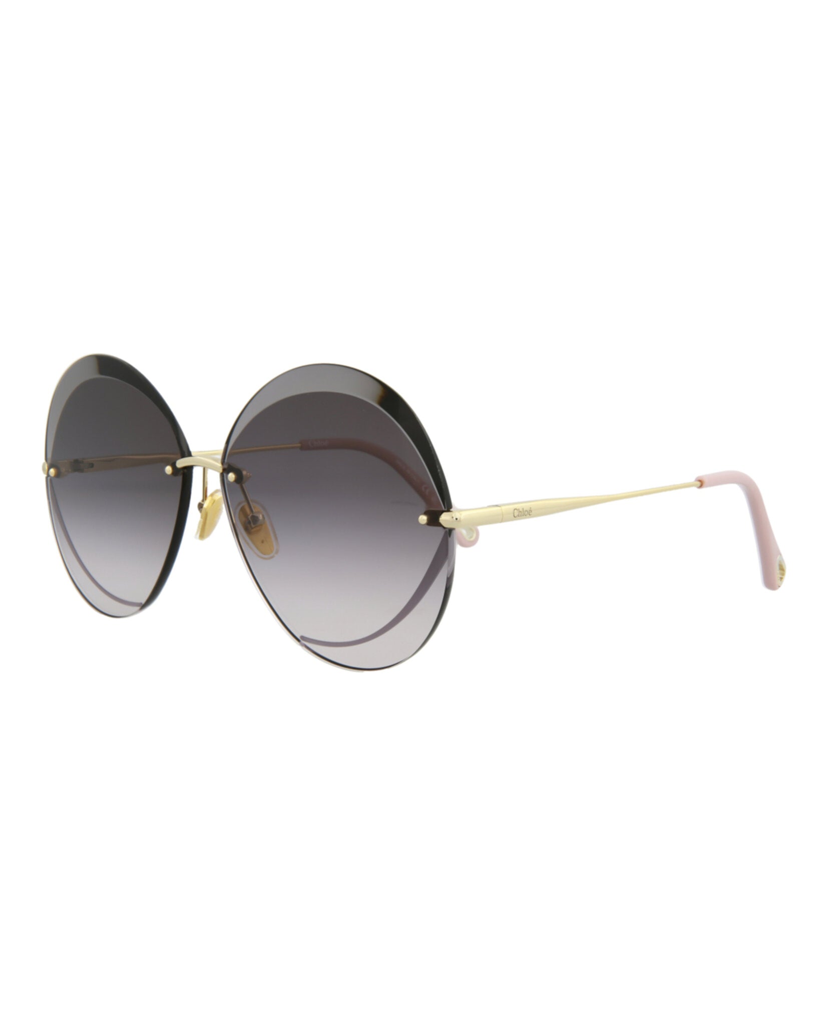 title:Chloe Round-Frame Metal Sunglasses, style # CH0063S-30011429001;color:Gold Gold Grey