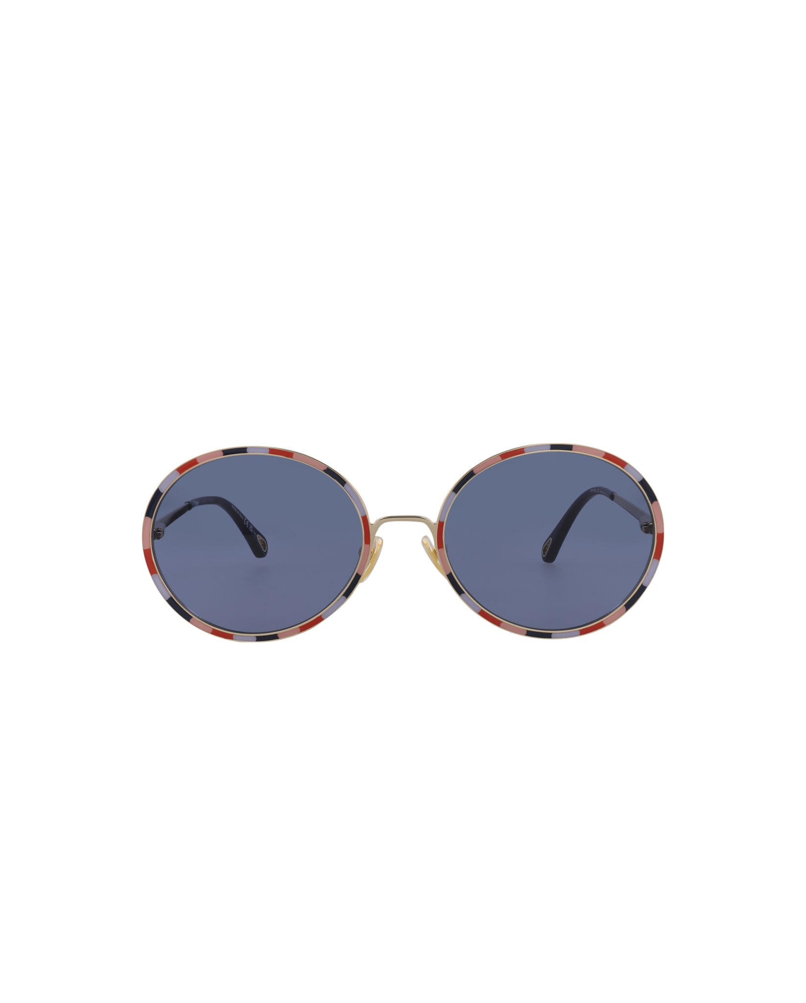 title:Chloe Round-Frame Metal Sunglasses, Style #  CH0100S-30012459001;color:Gold Gold Blue