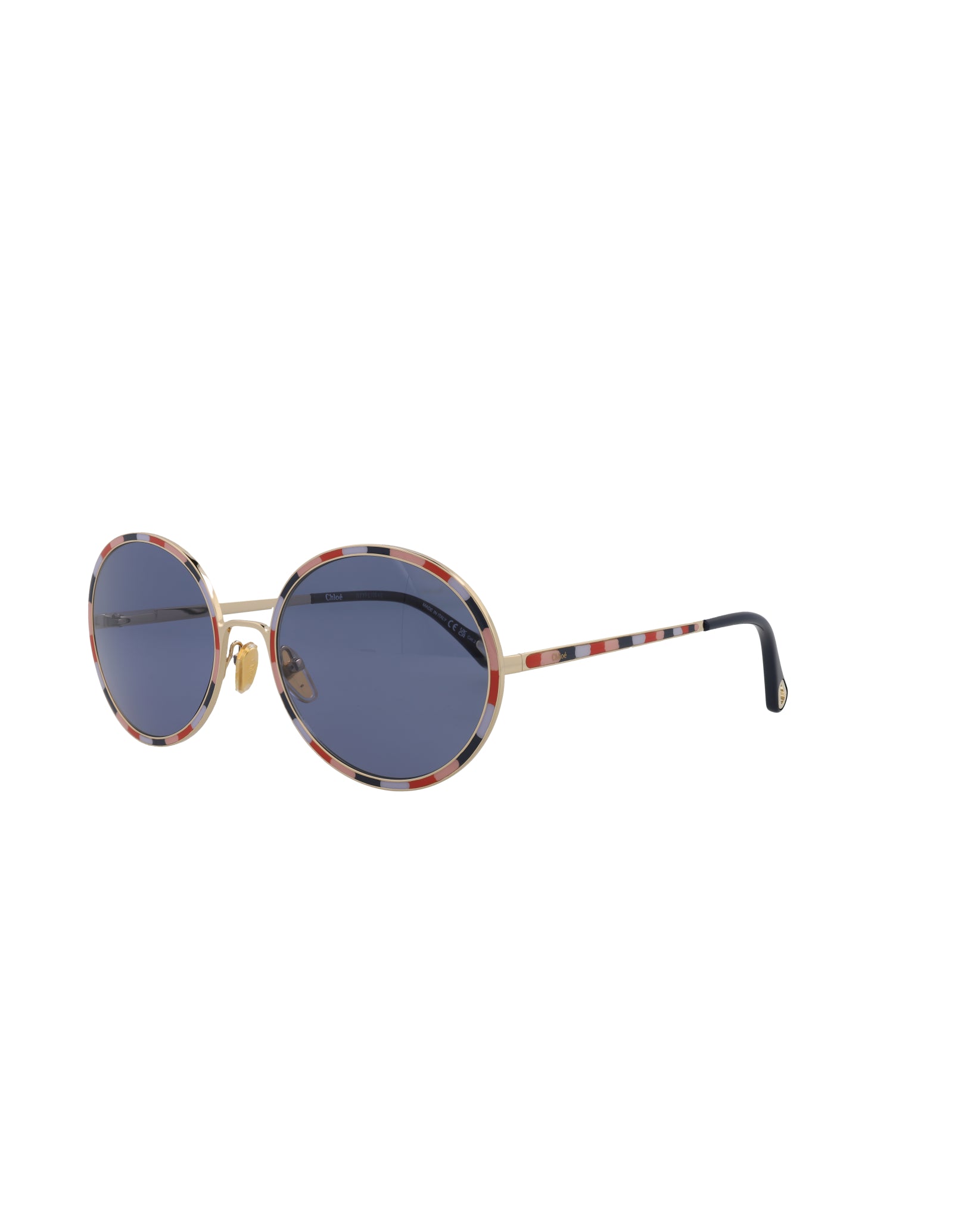 title:Chloe Round-Frame Metal Sunglasses, Style #  CH0100S-30012459001;color:Gold Gold Blue