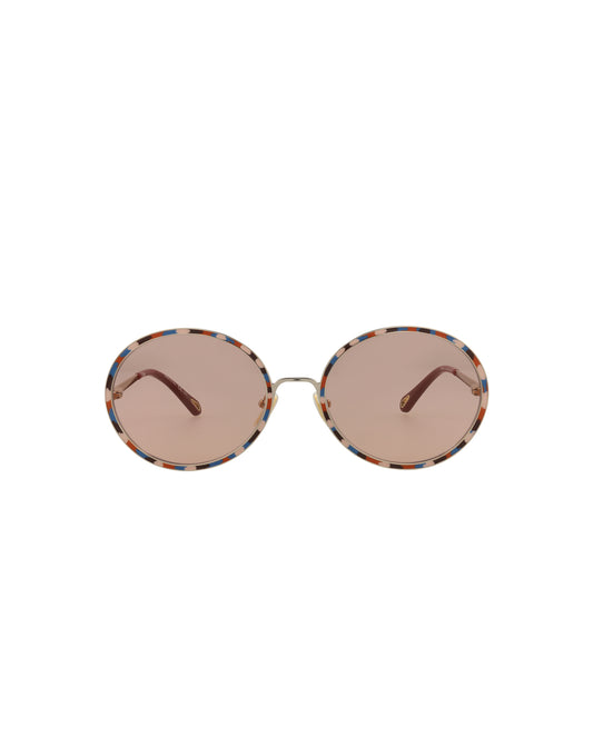 title:Chloe Round-Frame Metal Sunglasses, Style #  CH0100S-30012459002;color:Gold Gold Orange