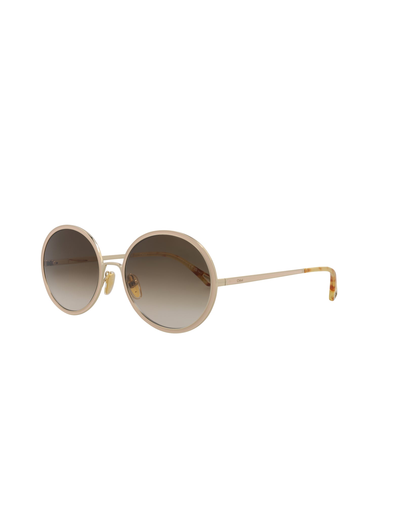 title:Chloe Round-Frame Metal Sunglasses, Style #  CH0100S-30012459004;color:Gold Gold Brown