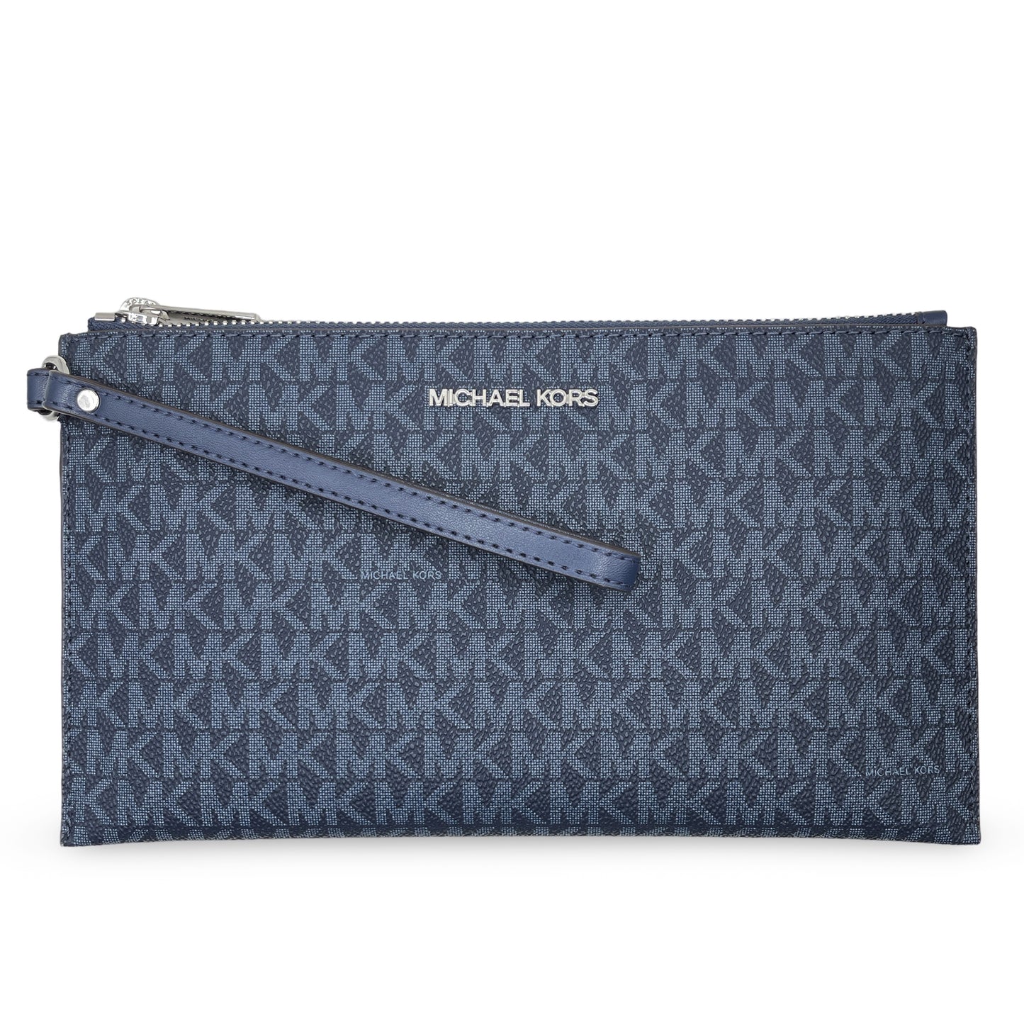 title:Michael Kors Women's Jet Set Travel Large Logo Print Canvas Top Zip Wristlet Pouch;color:Admiral