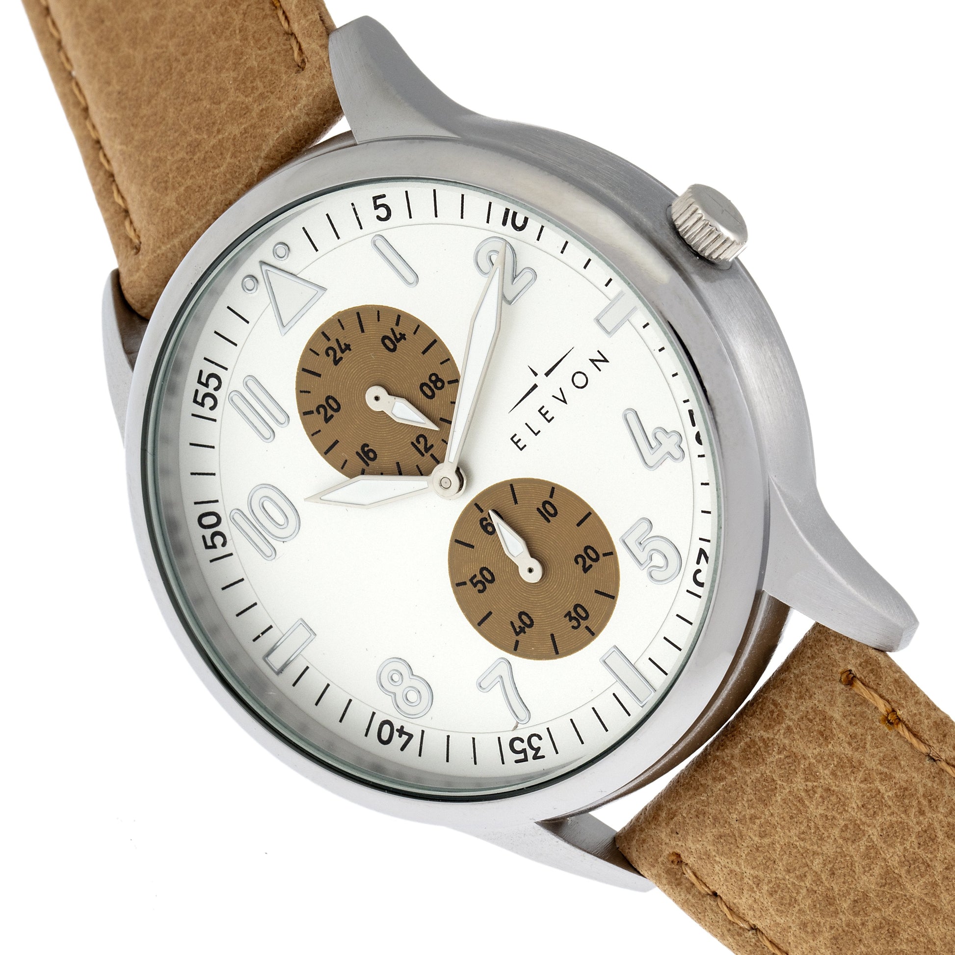 Elevon Turbine Leather-Band Watch - Silver/Khaki - ELE116-1