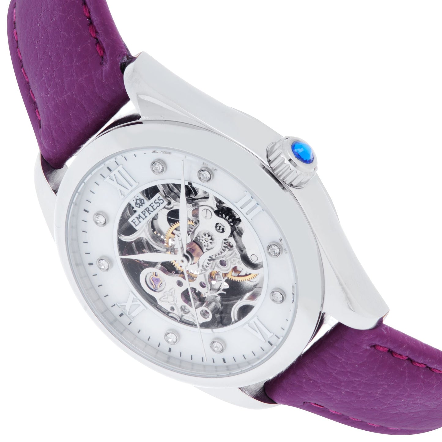 Empress Magnolia Automatic MOP Skeleton Dial Leather-Band Watch - Purple/Silver - EMPEM3605