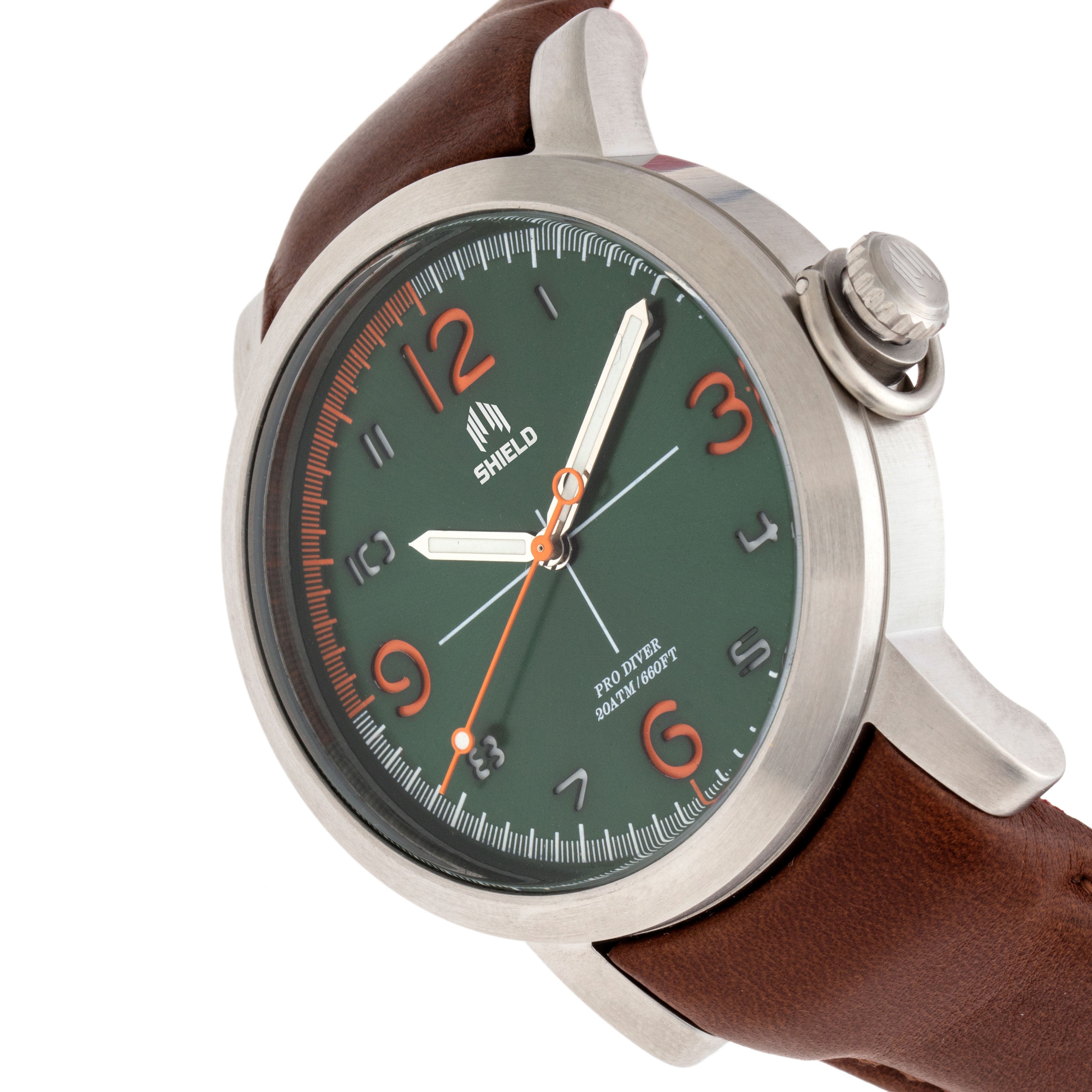 Shield Berge Leather-Band Men's Diver Watch - Silver/Green - SLDSH101-4