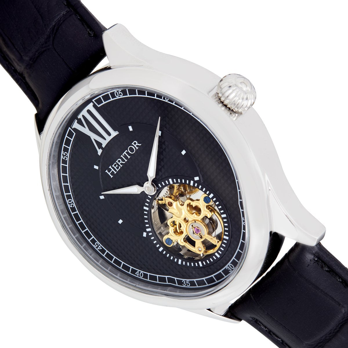 Heritor Automatic Hayward Semi-Skeleton Leather-Band Watch - Silver/Black - HERHR9402